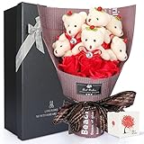 YOBANSA ソープフラワー 石鹸 花 バラ 造花 花束くま束 ベア ブーケ 可愛いぬいぐるみ (ベア6匹，花5匹) 母の日 誕生日 結婚祝い 結婚記念日のプレゼントにお勧め (レッド)