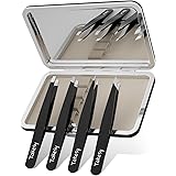 Professional Tweezers for Eyebrow and Ingrown Hair with Mirror Case (Black)