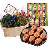 秋の寄せカゴ 笑点の人形焼 花とスイーツ フラワーギフト 鉢花 敬老の日 ギフト