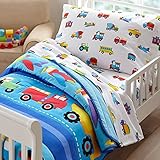 1ピースマルチカラーTransportationテーマ掛け布団幼児用、電車飛行機Assortedトラックレッドイエローグリーンブルー乗り物プリント、リバーシブルホワイトマルチプリントキッズ寝具の寝室
