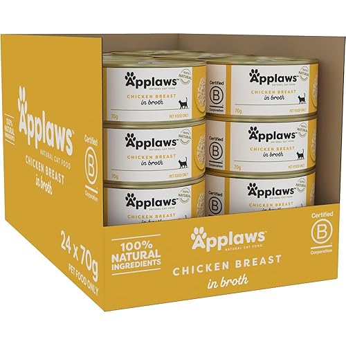 Applaws 100% Natural Wet Cat Food Chicken Breast in Broth, Limited Ingredients Pet Food 70g Tin (Pack of 24)