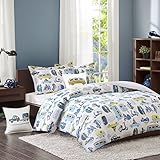 4 Piece BoysマルチRoad Trip Comforter Fullクイーンセット、ライムグリーングレーブルーホワイトバス車トレーラーオートバイノベルティTransportationテーマテ