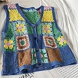 織りベスト - ボヘミアンフローラル刺繍かぎ針編みベスト、女性ノースリーブチョッキ、サマーヴィンテージカーディガンニットベストクロップトップ、ビーチ女性中空キャミソール、ブルー、ワンサイズ