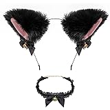 [kuroobaa] 猫耳 カチューシャ チョーカー 2点セット ヘッドバンド 首輪 鈴付き 獣耳 狐耳 コスプレ ハロウィン コスチューム