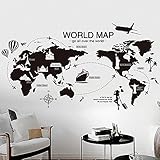 KCOR(クコル)ウォールステッカー 北欧 世界地図 世界旅行 飛行機　モノトーン アルファベット　英文字 マップ　壁紙シール　貼ってはがせる のりつき ウォールシール　部屋装飾 飾り　地図ステッカー