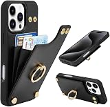 ZVE iPhone16Pro ケースリング付き カード入れ 360°回転リンググリップ スタンド機能 アイフォン16プロケース背面ポケット カード収納 財布付き アイフォン16pro用ケース6.3インチ（ブラック）