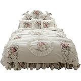 LAIKOR 布団カバーセット(3点セット/4点セット) 寝具カバーセット ベッドスカート 枕カバー 掛け布団カバー ベット用セット 綿100％ 活性プリント 四季適用 花柄 セミダブル ダブル キング (ホワイト, キング)