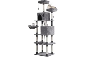 Alebert キャットタワー 猫タワー 【メーカー一年保証】 高さ196cm 見晴台 キャット タワー 大型猫 多頭飼い 天然麻紐爪とぎ ハンモック 据え置き 登りやすい スリム 安定感 転倒防止 人気 グレー (グレー, Ｍサイズ)