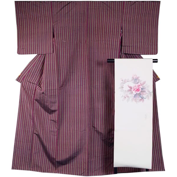 上代紬仕立て上がり 綿仕立て上がり浴衣＋半幅帯 2点セット 縦縞に紫陽花 青と緑｜浴衣