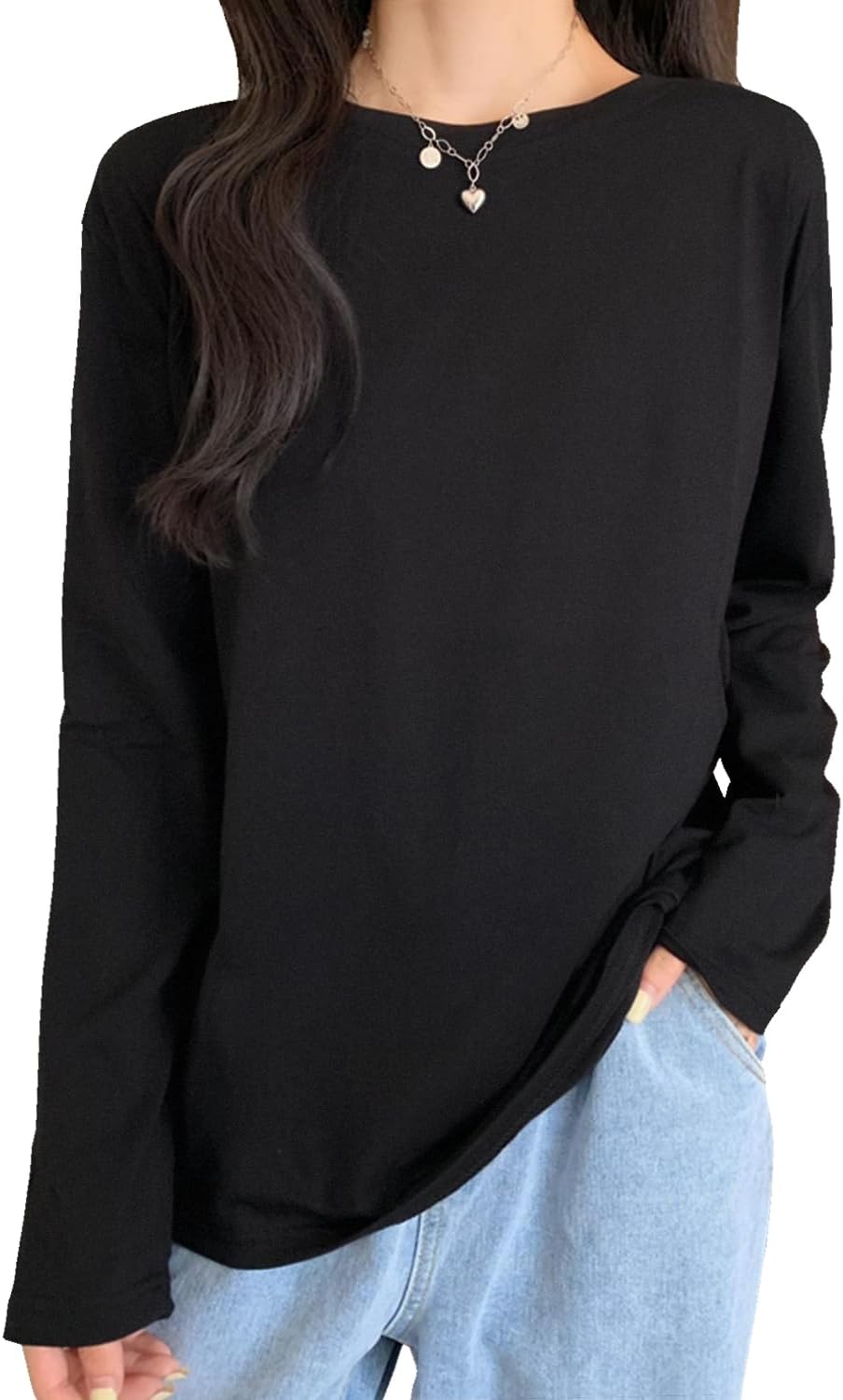Trnvco 長袖tシャツ レディース 綿100% 丸首 トップス オーバーサイズ 着痩せ カットソー インナーシャツ 重ね着 ロングt クルーネック | 8.11オンス 無地 ゆったり 部屋着 体型カバー 白 黒 グレー
