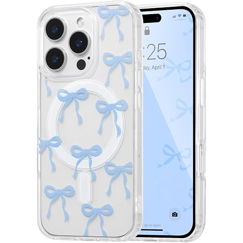 UEEBAI Magnetic for iPhone 12 Case & iPhone 12 Pro Case, Bow Case Compatible with MagSafe, Wireless Slim Clear Ribbon Phone C