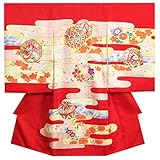 お宮参り　着物　女の子　正絹初着　赤　ピンク黄色ヱ霞　まり　金コマ刺繍　サヤ本地紋　日本製