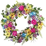 カラフル17 " Mixed Floral Spring Summer Wreath withイエローデイジー