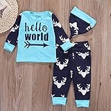 Tovadoo 子供服 ベビー服 男の子 トップス+ズボン+ハット 秋冬 長袖 アルファベット柄 鹿柄 青 キュート 保育園 プレゼント