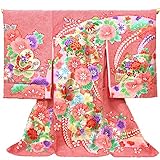 【お宮参り着物】【赤地系 扇面に花柄】女の子 染め絞り 友禅 刺繍 正絹【風呂敷プレゼント / ギフト対応】