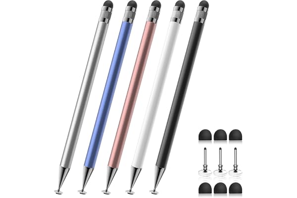 Bopomofo タッチペン(5本)、2 in 1スタイラスペン、高精度と高感度、iPhone/ipad/Androidタブレット用、すべてのタッチスクリーンと互換性あり(ブラック/ホワイト/ブルー/ローズゴールド/シルバー)