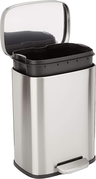 Amazon Basics 12L (12L) Soft Close Silent Trash Can with Lid and Pedal, Steel, Satin Nickel, Sleek Rectangular - 1