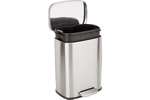 Amazon Basics 12L (12L) Soft Close Silent Trash Can with Lid and Pedal, Steel, Satin Nickel, Sleek Rectangular