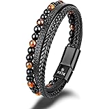 HEIX Mens Multilayer Natural Tiger Eye Stone Bead Braised Leather Bracelet Magnetic Stainless Steel Clasp in Black Gift Idea 