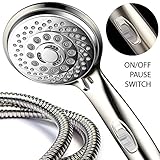 HotelSpa® 7つの設定 超高級手持ちシャワーヘッド 特許取得済みのオン/オフ停止スイッチ付き つや消しニッケル/クロム