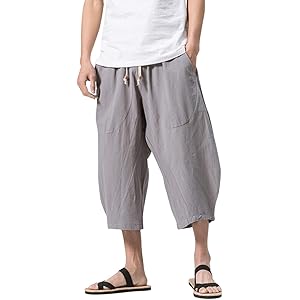 VINMORI (ヴィンモリ) メンズ サルエルパンツ ミディアムパンツ 半パンツ 袴パンツ 7分丈 クロップドパンツ ズボン ショートパンツ ゆったり ワイドパンツ 夏 無地 調整紐 大きいサイズ