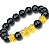 MANRUO Feng Shui The Best Prosperity Black and Golden Bead Bracelet with Golden Pi Xiu/Pi Yao Attract Wealth and Good Luck