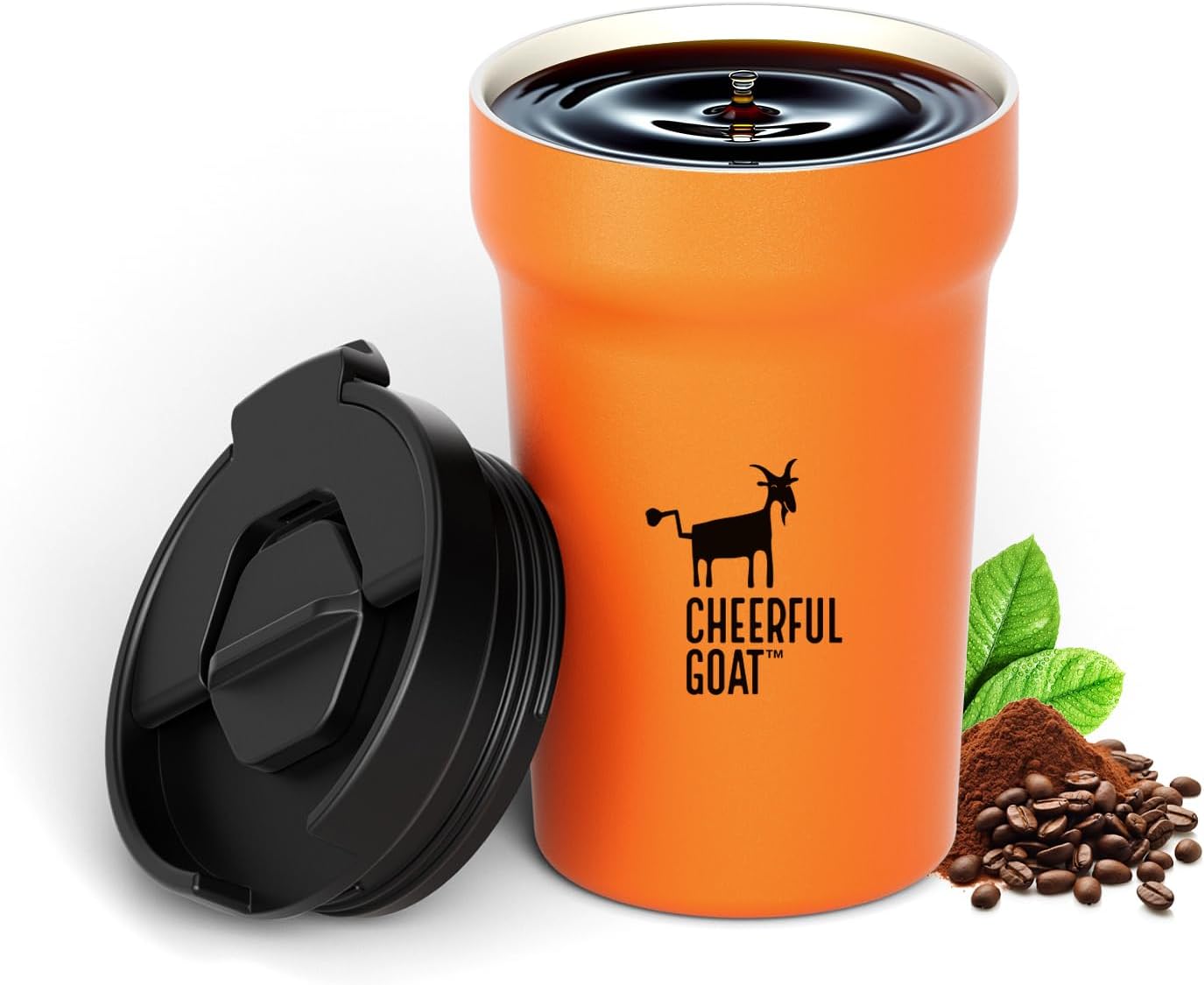 CHEERFUL GOAT 真空断熱タンブラー 350ml – 内面セラミックコーティング採用・保温保冷の高機能ステンレス構造・フタ付きで漏れない軽量マグカップ｜自宅・オフィス・通勤・外出で使える携帯タンブラー(オレンジ色)