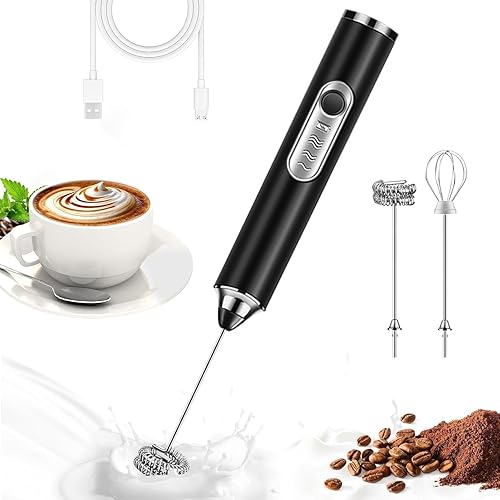 Milk Frother Rechargeable Handheld Electric Whisk Coffee Frother Mixer with 2 Stainless whisks 3 Speed Adjustable Foam Maker 