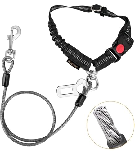 Dog Car Harnesses, Dog Seatbelt Of Coated Wire Leash Safety Restraint, No Chew Tether Cable Vehicle Dog Accessories, Double Clips & Latch Attachment (2 Pcs Black, 40inch/100cm - View #8