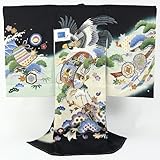 お宮参り 着物 男 「黒色地に大鷲と絵巻物 生成りと薄水色のぼかし 金彩 刺繍」