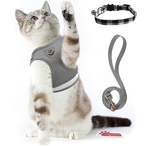 猫 猫用 ハーネス 胴輪 首輪 犬猫兼用 小型犬 ウサギ ソフト胸あて リード付き 抜けない 夜反射 メッシュハーネス 通気性抜群 超軽量 サイズ調節可能 マジックテープ式装着 反射ストライプ付き お散歩用 ポリエステル素材(猫用ハーネス+猫首輪) (XS, グレー)