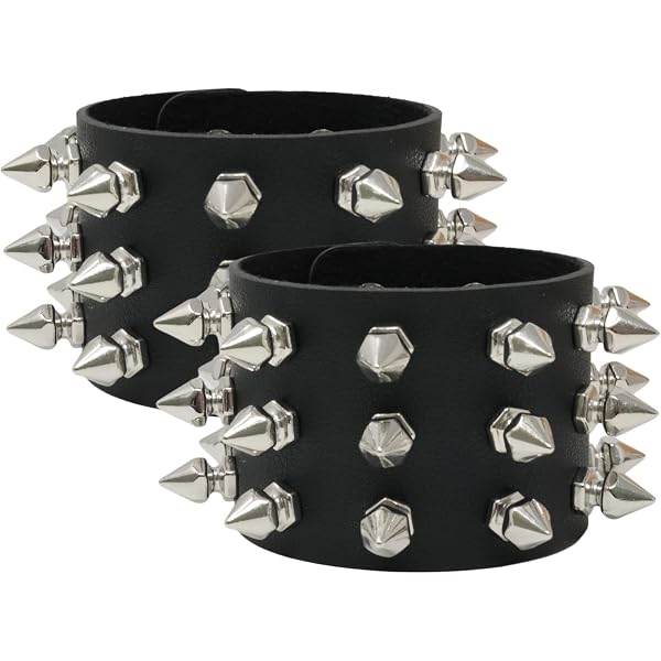 LHUOSN Gothic Leather Cuff Bracelet - Extra Wide Skull Studded Punk Wristband, Adjustable 6.5-9.5 Inches