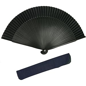 [キョウエツ] 扇子 正絹 無地 黒骨 2点セット(扇子、扇子袋) メンズ