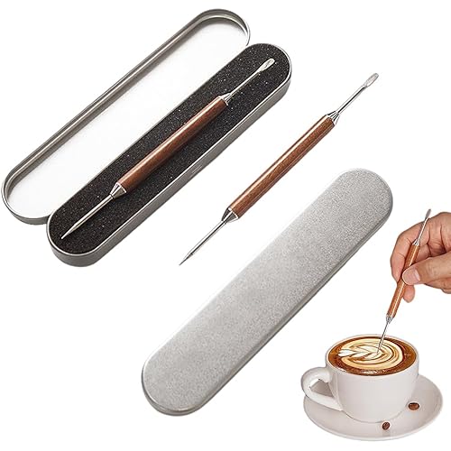 2PCS Latte Art Pen Set, Stainless Steel Coffee Etching Tools with Natural Wooden Handles, Metal Storage Case, Coffee Machine 