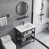 洗面台 洗面化粧台 洗面ボール 手洗い器 陶器製 洗面所 大容量 自立型 洗面シンクセラミック シンプル バスルーム 洗面台 シンク付き洗面化粧台、セラミック製洗面台付きのスペース アルミニウム製バスルーム化粧台コンボ 手洗いボウル排水付き (ハイグレードグレー2層ミラーキャビネット 50cm)