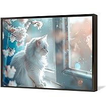 絵画。壁掛け原画【ピアノの部屋の椅子の上の白い猫と美しい花】 絵画。壁掛け原画【素敵なピアノ曲と椅子の上で寝たい猫】 絵画