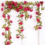 (Rose Red) - Felice Arts 2 Pack 11 Heads 2.2m/pc Artificial Silk Fake Flowers Autumn Rose Vine Reali