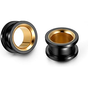 PiercingJ ピアス 拡張器 セット6mm-20mm 2g 0g 00g  ボディーピアス フレッシュトンネル トンネル エキスパンダー メンズ レディース 男女兼用 ステンレス 金属アレルギー対応 ブラック 金色穴 2点セット(14mm)