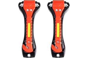 オレンジ色の防災緊急ツール 2個入り シートベルトカッター付き 車脱出用ハンマー ガラス割用ハンマー ケースホルダー付き