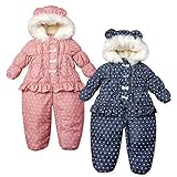 (ネイビー/95cm)ベビー服 女の子 カバーオール ジャンプスーツ UZULAND ウズランド 中綿 裏フリース 撥水加工 前開きファスナー デニム風ドット柄 リボン フリル クマ耳付き ファー付き