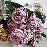 Kingsie 造花 ローズ バラ 花束 インテリア アートフラワー 枯れない 母の日 プレゼント ギフト 結婚式 1束5個花セット (パープル)