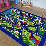 CR 's Children 's Play村City道路マップTrain Tracks Cars Play Mat Funブルー明るいカラフルな鮮やかな色 5 Feet X 7 Feet