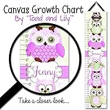 Personalized KidsキャンバスGrowth ChartパープルandグリーンStacked Up Owl FriendsダマスクBaby Girls NurseryキャンバスGrowth