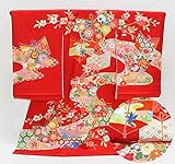 四季百花 流水 和文庫柄 赤紗綾形綸子地紋様 お宮参り 着物 女の子（初着 産着 のしめ）【絹100% 友禅 】