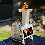 BiggerFire ステンレス卓上ミニ薪ストーブ キャンプユニークコンロ コンパクト軽量 煙突と収納袋付き 料理、コーヒー、暖房、照明、観火、1人または2人キャンプに適しています