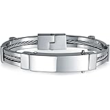 Personalize Identification Name Plated Cable Link ID Engravable Bangle Bracelet For Men Black Sliver Tone Stainless Steel 8.5