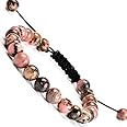 Massive Beads Natural Braided Macrame Bracelet 8mm Crystal Gift(Pink Black Rhodonite), 8mm, Stone