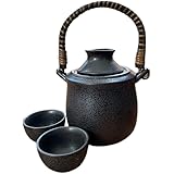 エールネット(Ale-net) 酒燗器 冷酒器 徳利 熱燗 300ml 黒結晶 手付き酒燗器 保温器付き酒器 (大) 盃 2個付 陶器 美濃焼