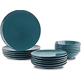 Amazonベーシック ディナー食器セット ストーンウェア 6人用 18点セットディープティール