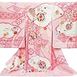 【お宮参り着物】【ピンク地系 手総絞り熨斗柄に刺繍で毬と枝垂れ桜の柄】女の子 正絹【風呂敷プレゼント/ギフト対応】